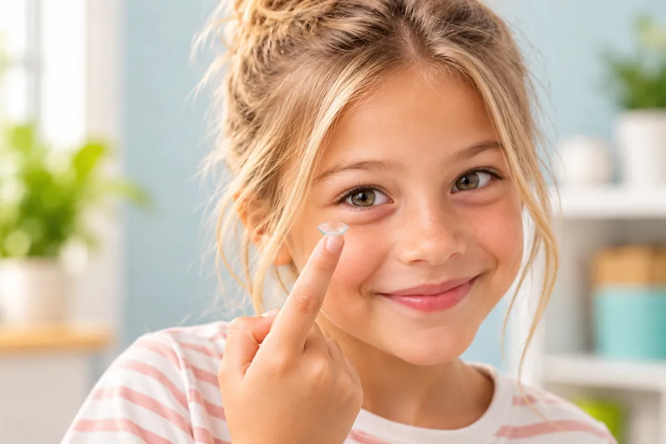 Lachendes Mädchen zeigt eine Kontaktlinse auf der Fingerspitze